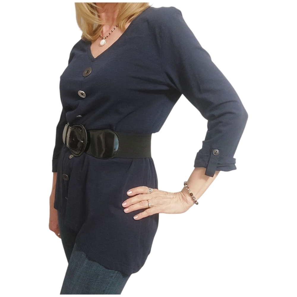 JM Collection Navy V-Neck Button Front Tunic - Picture 4 of 8